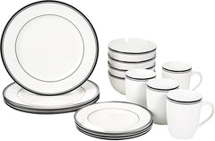 Set de veselă Amazon Basics Cafe cu margine neagră, 16 piese, pentru 4 persoane