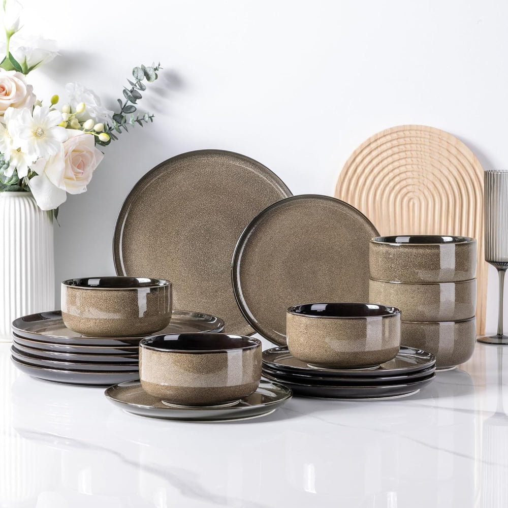 Set de veselă LeRatio pentru 6 persoane, set de veselă din gresie, 18 piese, glazură reactivă, set de boluri și farfurii rezistente la zgârieturi, potrivit pentru mașina de spălat vase și cuptorul cu microunde, pentru servire la masă