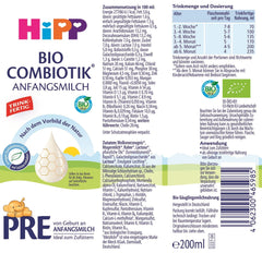 HiPP PRE Formula combinata biologica pronta da bere (6 x 200 ml) Latte per neonati solo dalla nascita Contiene lattosio come carboidrati Miglior biologico