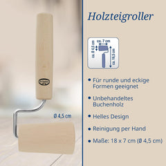 Dr. Oetker Teigroller aus Holz – Teigrolle aus Buchenholz di alta qualità – Perfekt für round und eckige Formen – ca. 18 x 7 cm, Rolle Durchmesser ca. 4,5 cm
