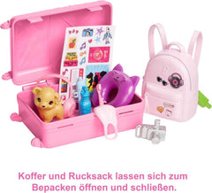 Barbie-Puppe, Reise-Barbie mit blonden Haaren, 10+ Reisezubehör, Aufkleber, Koffer, Welpe, inkl. 1 Puppe, Geschenk für Kinder, Spielzeug ab 3 Jahre,HJY18