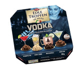 Edle Tropfen in Nuss Vodka Lounge 100g, praline di cioccolato ripiene di liquido con glassa di cioccolato al latte e pezzetti croccanti di nocciola