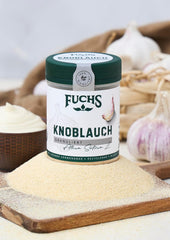 Fuchs Gewürze - Aglio granulato - würzig-zwiebliger Geschmack für Tzatziki, Knoblauchbutter oder Gemüsegerichte - ingredienti naturali - 85 g in wiederverwendbarer, recyclebarer Dose