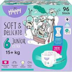 Pannolini Bella Baby Happy Premium, taglia 6, Junior Extra, 15+ kg, 96 pezzi, sigillo DERMATEST e OEKO-TEX, pannolini usa e getta per bambini