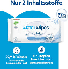 Salviette umidificate WaterWipes Sensitive+ per neonati e bambini, 540 pezzi (9 confezioni), pulizia 3 in 1, cura, protezione, 99,9% acqua, senza profumo