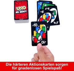 Mattel UNO Show 'em No Mercy - 56 carte extra, carte azione impegnative e regole di gioco brutali per la versione più spietata, regole di impilamento e scambio di mani, dai 7 anni in su, HWV18