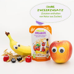 FRECHE FREUNDE sacchetto di frutta biologica banana, mela, lampone, mirtillo con avena, purea di frutta con cereali in sacchetto comprimibile per bambini a partire da 6 mesi, vegano, confezione da 6 (6 x 100 g)