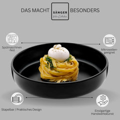 SÄNGER Madeira | Set de veselă combinat cu 24 de piese, set de veselă din gresie pentru 6 persoane, 6 farfurii de cină, 6 farfurii de mic dejun, 6 farfurii de sumă, 6 boluri pentru paste, set de veselă și bol, negru mat | COLECȚIA VALUE