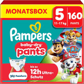 Pampers Baby Dry Pants Pannolini Patrol Puppy Edition, taglia 5, 160 pannolini, 11 kg - 17 kg, regolazione a 360° con fermo e sistema di protezione
