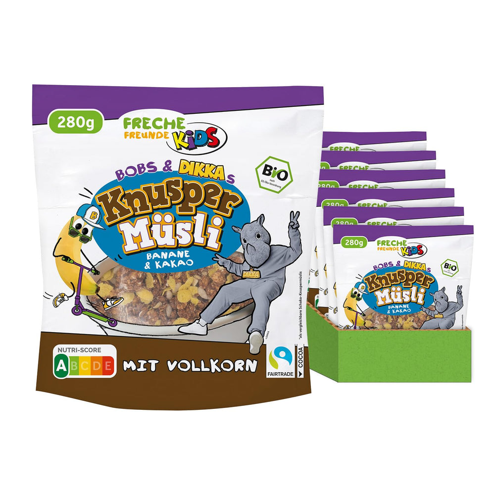 FRECHE FREUNDE KIDS, Bobs & DIKKAs Muesli Croccante Alla Banana E Cacao, Muesli Croccante Al Cioccolato Per Bambini, A Basso Contenuto Di Zuccheri, Senza Additivi, 100% Vegano, 6 Pezzi (6 x 280g)