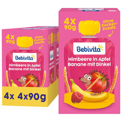 Bustine comprimibili di frutta, lampone, mela, banana e farro - 16 pezzi (confezione da 4, 4 x 90g cadauna), senza zuccheri aggiunti, a base di frutti di bosco e cereali integrali, ideali per spuntini da asporto e autoconsumo
