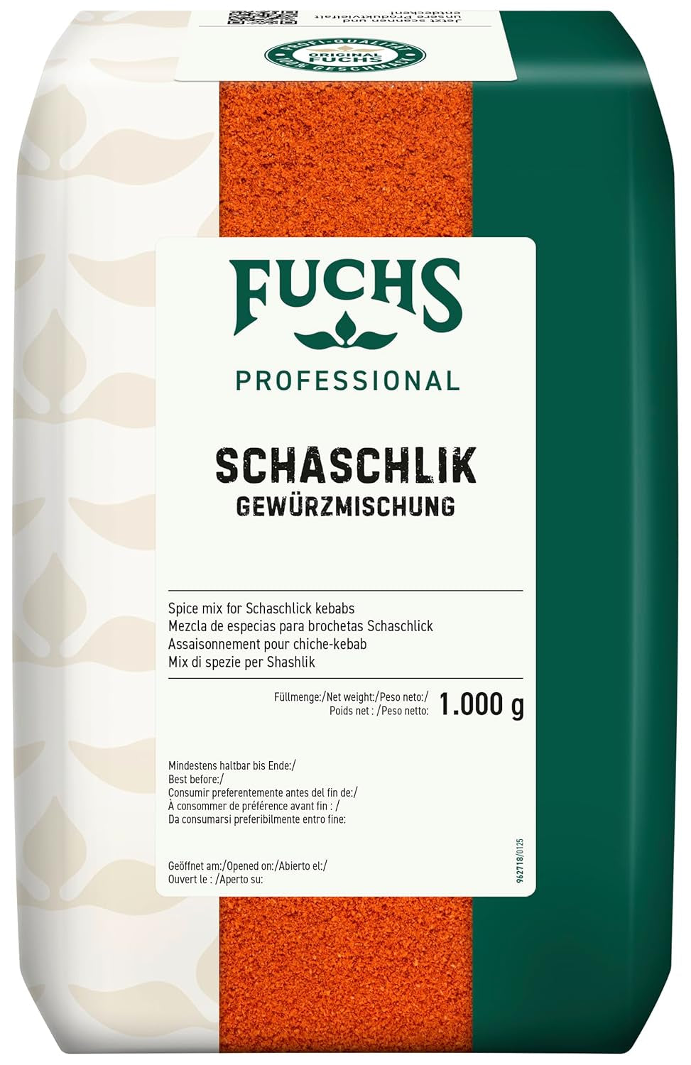Fuchs Professional - Schaschlik Gewürzmischung | Zum Würzen/Marinieren von gebratenem oder gegrillten Fleisch | Qualità professionale per grossi verbi | Sacco riciclabile da 1 kg