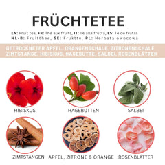 Ceai de fructe â 100 g Amestec aromat de fructe cu mere, hibiscus Èi scorÈiÈoarÄ â PungÄ cu fermoar, aproximativ 25 de ceÈti â FÄrÄ aditivi, ambalat în Germania