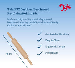 Tala Teigroller aus Buchenholz – Drehbares Nudelholz mit Griffen, glatte Oberfläche, durevole e leggero per la pulizia – Perfetto per Teig, Gebäck, Brot & Pizza – FSC-zertifiziertes Holz