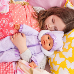 Bayer Design 94694AG 94694AA, Păpușă funcțională, Păpușă interactivă Piccolina Magic Eyes, mișcă gura, clipește și închide ochii, vorbitoare, violet, 46 cm