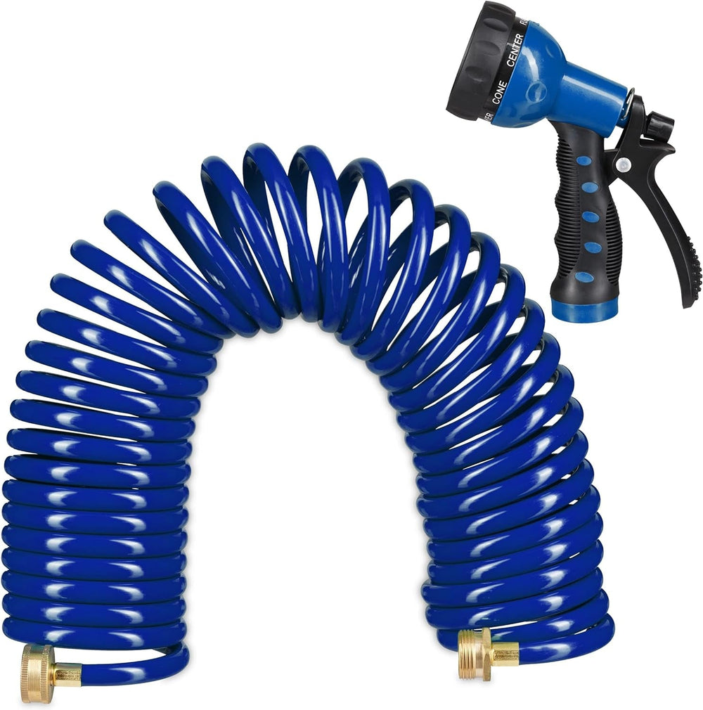 Furtun spiralat Relaxdays, extensibil până la 10 m, furtun flexibil de grădină cu pulverizator de apă, 7 modele de pulverizare, albastru, 25 x 52 x 15 cm