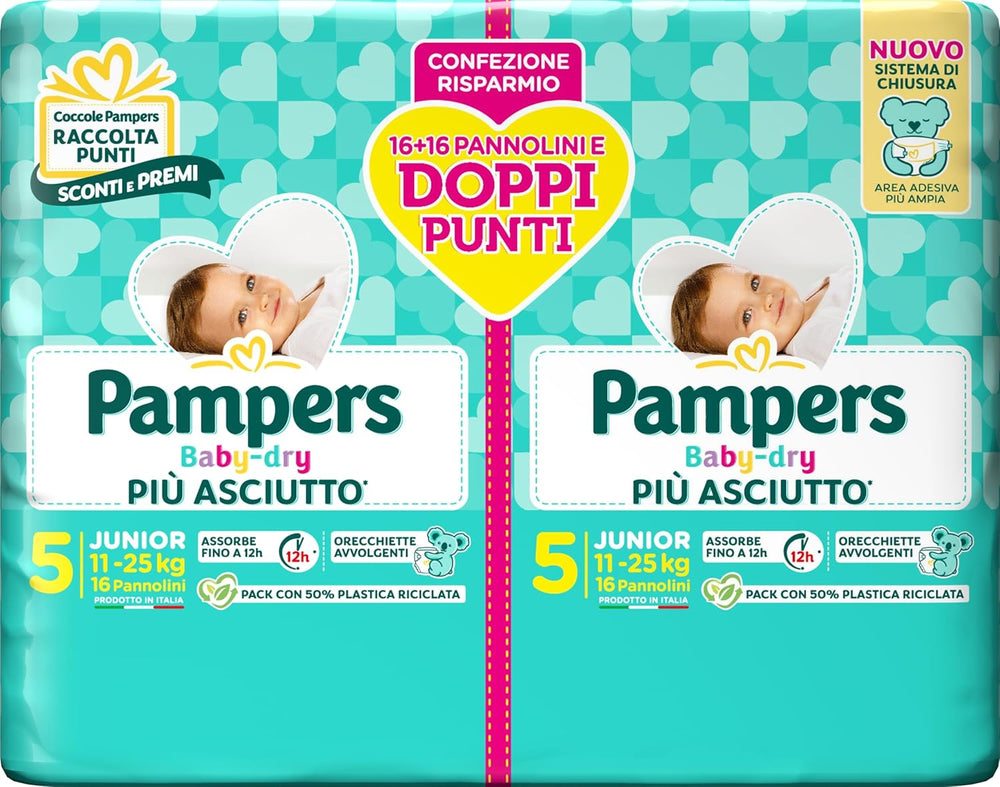 Pannolini Pampers Baby Dry Junior DWCT, confezione doppia, taglia 5 (11-25 kg), 32 pannolini