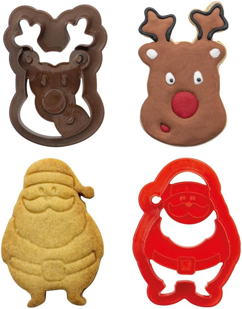 0255095 Formă de biscuiți din plastic Moș Crăciun și ren, set de 2 piese, plastic, roșu