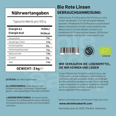 Wholefood Earth Lenticchie rosse spezzate biologiche 3 kg Non OGM Vegano Alto in fibre Alto in proteine Da agricoltura biologica certificata