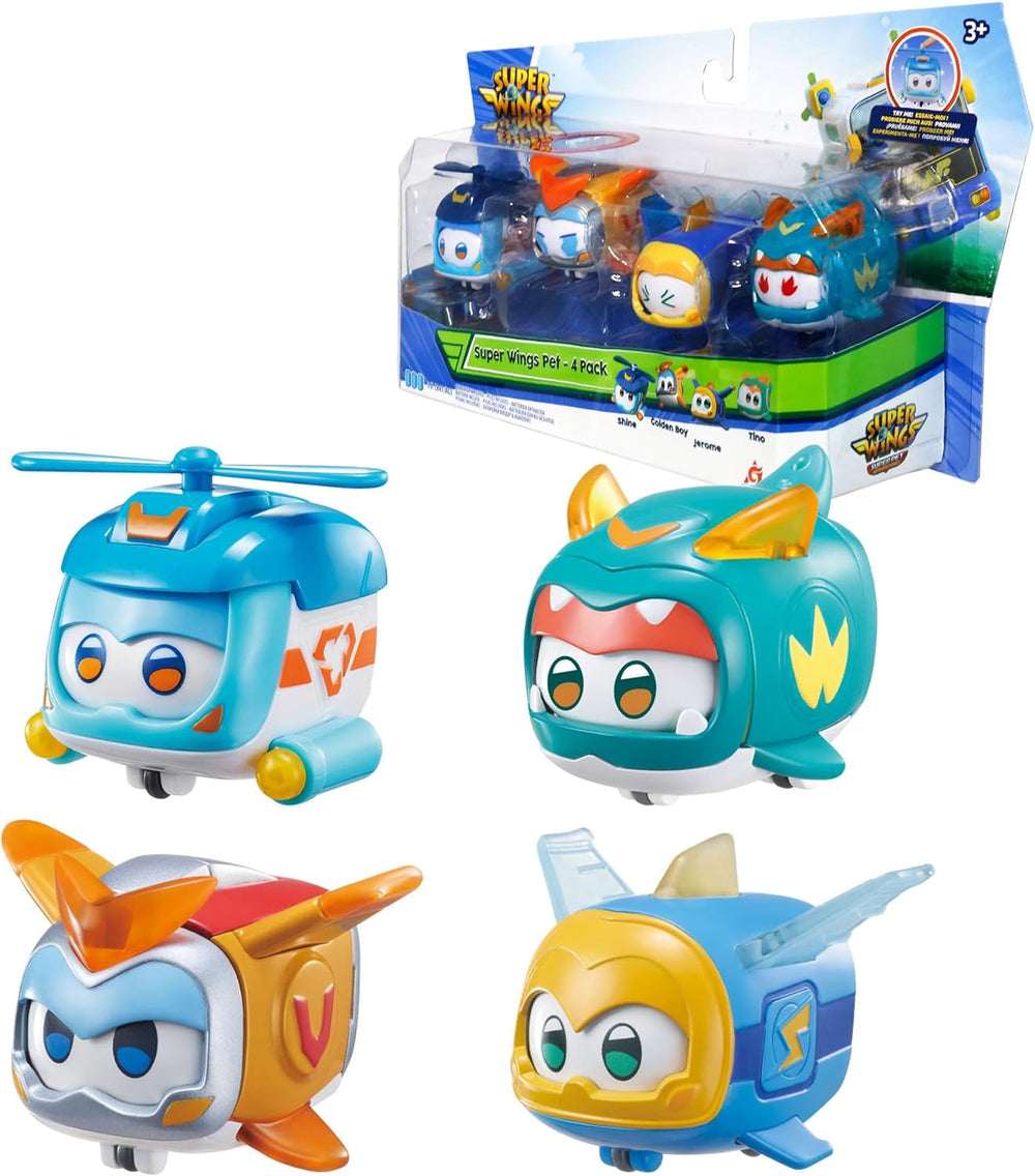 Super Wings Super Pets 4 pezzi Shine, Golden Boy, Jerome, Ellie Espressione facciale commutabile Effetto fulmine Giocattolo portatile per 3 4 5 6 7 8 anni Ragazzo Ragazza Action Figure da 2 pollici Naty Shop Confezione da 4 B