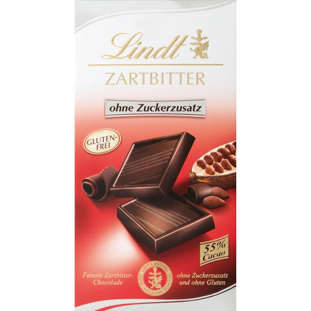Cioccolata Lindt | Tavoletta di cioccolato fondente senza zuccheri aggiunti | 100 g| Finissimo cioccolato fondente con il 55% di cacao, senza zuccheri aggiunti e senza glutine | Tavoletta di cioccolato senza glutine