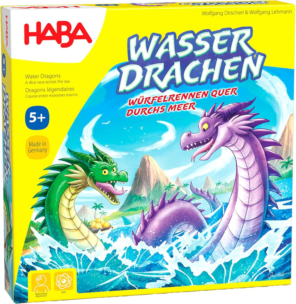 HABA Water Dragons - Gioco di dadi e strategia per bambini 5+ - Emozionante gioco da tavolo con draghi e figure in legno - Gioco per famiglie per 2-4 giocatori - 1307133001