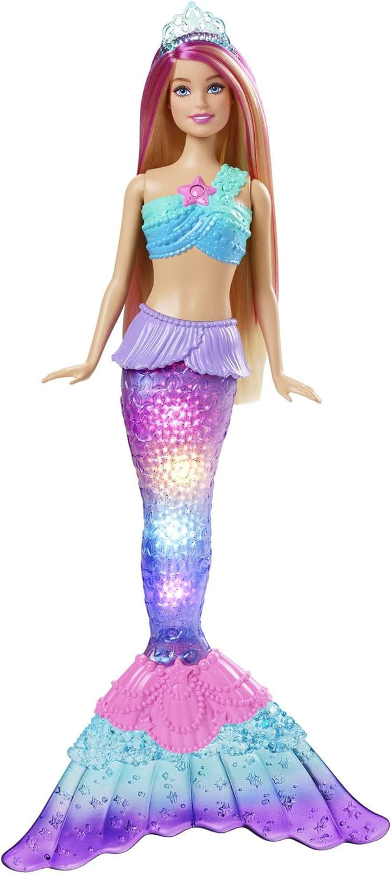 Barbie Dreamtopia Păpușă Sirenă Magică cu Lumină și Păr Blond, Păpușă Barbie cu Coadă de Sirenă, Potrivită ca și Cadou pentru Copii de la 3 Ani în sus, HDJ36