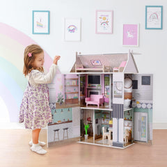 Olivia'S Little World Dreamland Farmhouse Casa delle bambole interattiva in legno per bambini 3 piani con 13 accessori per mobili per bambole Bianco TD-13632A Case delle bambole Naty Shop