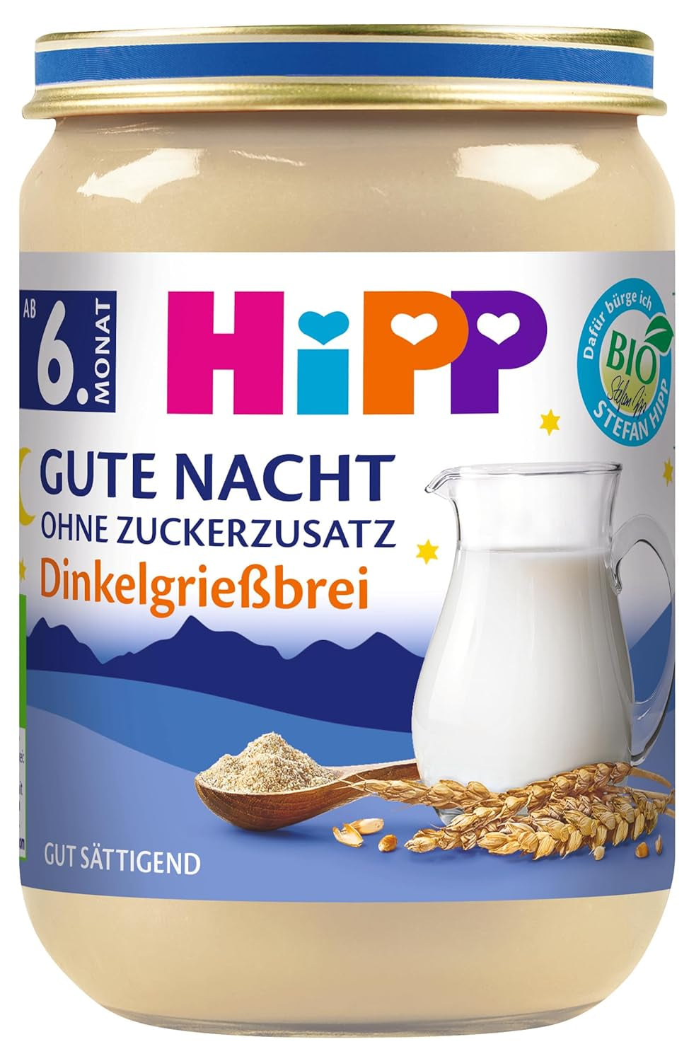 Porridge di farro biologico HiPP Good Night (6 x 190 g), alimenti per bambini a partire da 6 mesi, senza zuccheri aggiunti, molto sazianti, migliore qualità biologica