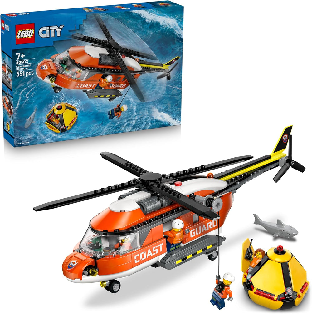 LEGO City Hubschrauber der Küstenwache - Spielzeug Einsatzfahrzeug - Modellbau mit Schiebetüren, Winche, 4 Minifiguren und Hai Figur - Geburtstagschenkenken für Jungen ab 7 Jahren - 60503