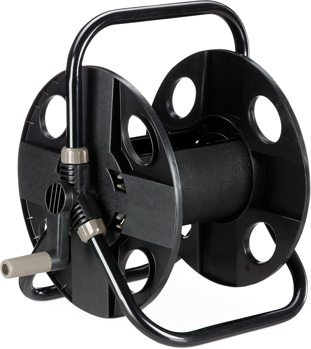 Rolă furtun Relaxdays, pentru furtun de 30 m 1/2", oțel, plastic, suport furtun, HL: 38 x 42 x 31 cm, negru-gri