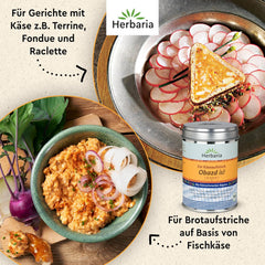 Herbaria Obazd lo è! bio 90g M-Dose – Bio-Gewürzmischung bayerischen Biergartenklassiker Obazda – per Brotaufstriche, Käsegerichte, Käsefondue – Raclette Gewürz - in nachhaltiger Aromaschutz-Dose