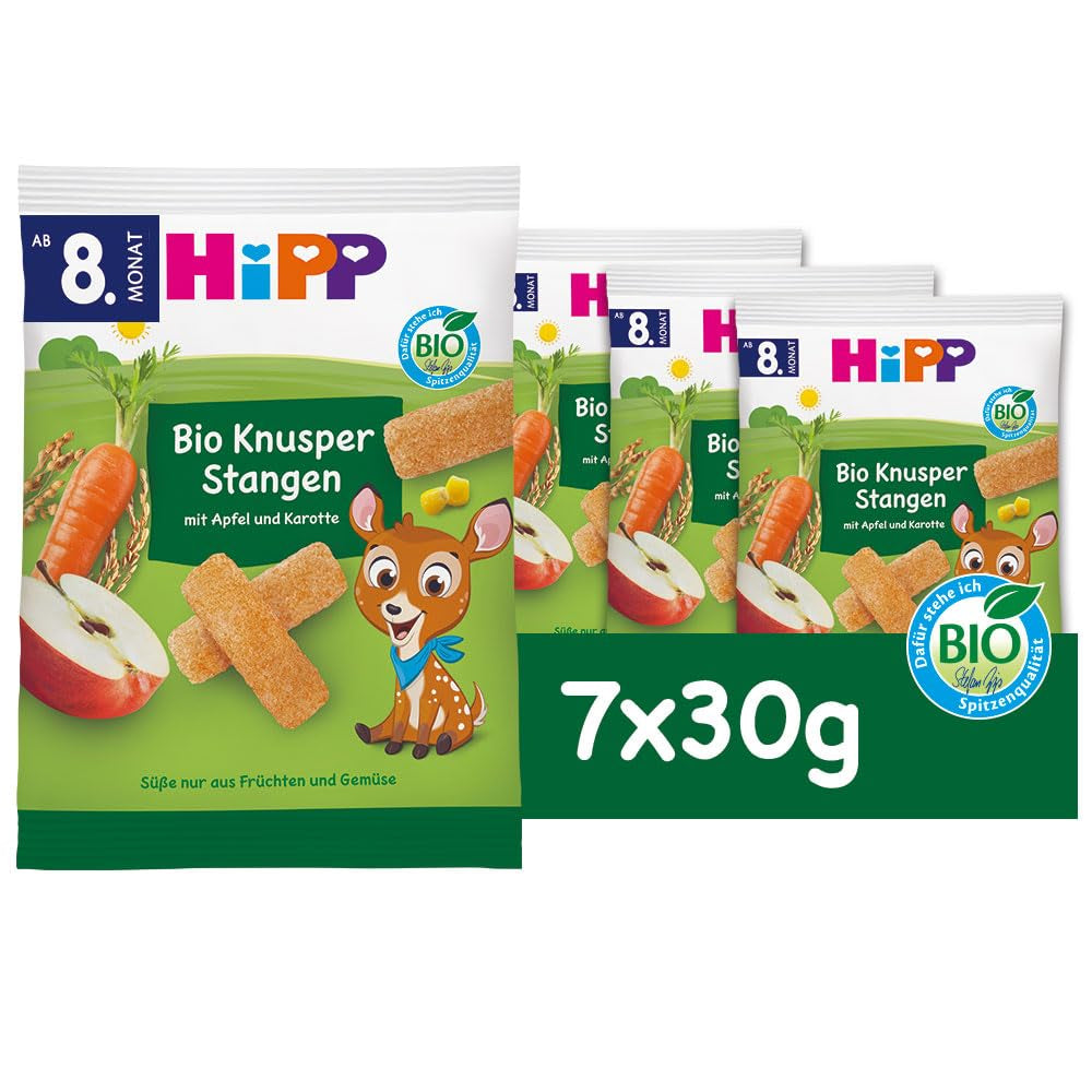 HiPP Bio Knusper Stangen Apple Karotte (7 x 30g), Babysnack ab 8. Monat, Süße nur aus Früchten und Gemüse, glutenfrei, in bester Bio-Qualität