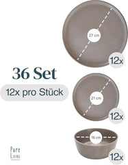 Set de veselă din gresie pentru 12 persoane, 36 de piese, stil urban de înaltă calitate, TEST FOARTE BUN, Set de veselă din gresie - Set bol și farfurie - Serviciu de cină pentru 12 persoane, Seturi de veselă Pure Living în gri mat-maro