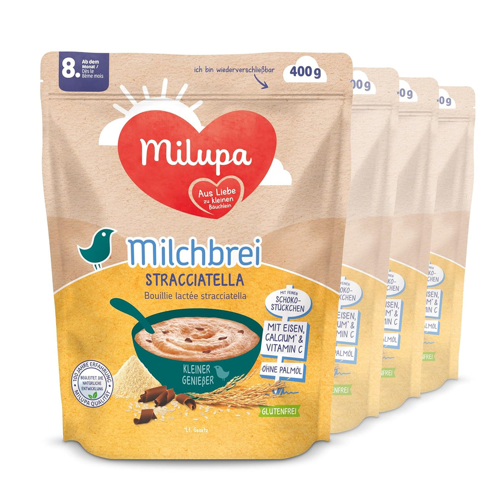 Milupa Porridge al Latte Stracciatella - Cereali per bambini senza glutine e senza olio di palma - Senza conservanti e coloranti - Da 8 mesi - 4 x 400 g