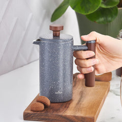 Presă franceză cu pereți dubli din marmură KARACA și mâner din castan – Presă franceză izolată pentru cafea – Aparat de cafea pentru acasă, călătorii și camping – 350 ml – Gri închis