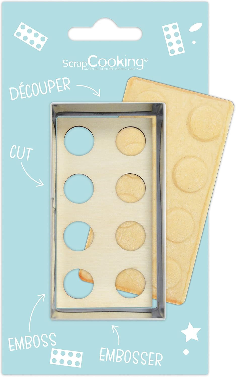ScrapCooking – Set de tăietoare de biscuiți din lemn de cărămidă + instrumente de embosare – Formă de tăietor de biscuiți în relief din oțel inoxidabil – Accesoriu pentru matriță de copt, sablată, jucărie de construcție a torturilor – 2096