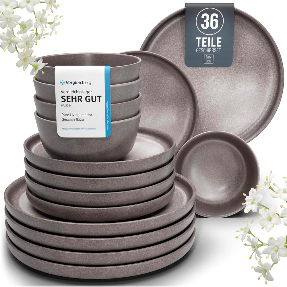 Set de veselă din gresie pentru 12 persoane, 36 de piese, stil urban de înaltă calitate, TEST FOARTE BUN, Set de veselă din gresie - Set bol și farfurie - Serviciu de cină pentru 12 persoane, Seturi de veselă Pure Living în gri mat-maro
