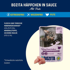 Bozita Pouch Hrană Umedă cu Bucăți în Sos și Curcan - 12 Pliculețe Porționate x 85g Hrană Fără Cereale și Fără Grâu pentru Pisici - Hrană Umedă pentru Pisici Adulte cu 8,5% Proteine și 4,5% Grăsimi