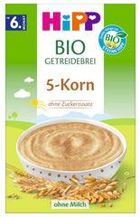 Porridge di cereali biologico HiPP con 5 cereali (7 x 200 g), a partire da 6 mesi, senza zuccheri aggiunti, delicato sulla pancia del bambino, migliore qualità biologica