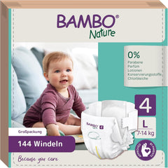 Pannolini per Neonati Bambo Nature, Taglia 4 (7-14 kg), 144 pz, Confezione Mensile | Pannolini Premium con protezione dalle perdite migliorata | Massimo comfort e libertà per i bambini attivi | Pannolini dermatologicamente testati