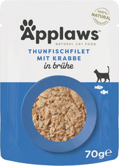 Applaws 100% natürliches Nassfutter für Katzen, Thunfischfilet mit Krabben in Brühe - Packung mit 12 x 70g Beuteln