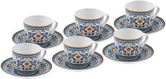KARACA Beylerbeyi - Set de cești de cafea turcească, 12 piese, Set de 6 cești de espresso din porțelan cu farfurioare, Set de cești de espresso de 80 ml, Design tradițional - Albastru