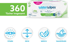 Salviette umidificate WaterWipes Sensitive+ Hydrating Boost, salviette idratanti, 360 pezzi (confezione da 6), 3 in 1 per pulire, curare, idratare, acqua di aloe vera al 99%, salviette per neonati senza profumazione