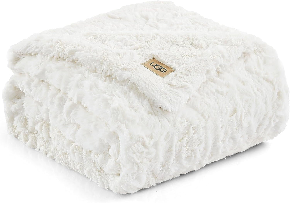 UGG Adalee 10483 Coperta in morbida pelliccia sintetica, reversibile, lussuosa, accogliente, soffice, soffice, stile hotel, Boho, decorazione per la casa, morbida, lussuosa, comoda coperta per divano, 178 x 127 cm, letti e coperte UGG Avorio