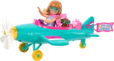 Păpușă Barbie Chelsea Avion și Set de Joacă - Păpușă Pilot, Avion, Cățeluș și Accesorii pentru Povestiri, Roți Rotitoare și Elice în Formă de Floare, Vârste 3+, HTK38