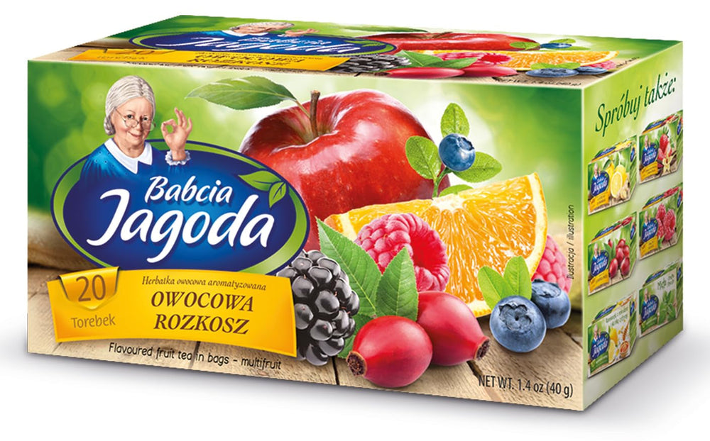 Babcia Jagoda - Ceai de fructe „Fruchtige Verführung” - 20 pliculețe de ceai - Cu hibiscus, măr, aronia, mure, măceșe, coajă de portocală - Aromă intensă de fructe, fără cofeină, vegan, natural, Cay - 40G