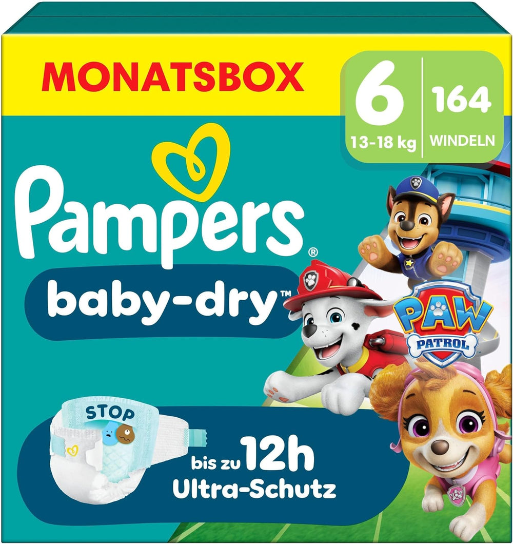 Pannolini Pampers Baby-Dry Puppy Patrol Edition, taglia 6, 164 pannolini, 13 kg - 18 kg, protezione dalle perdite fino al 100% e comfort per tutta la notte
