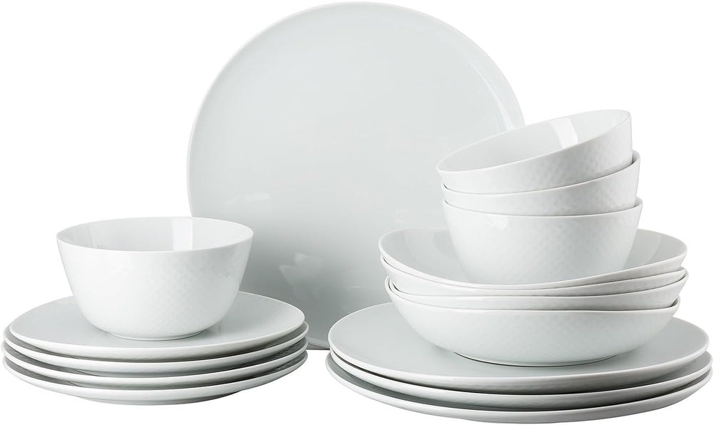 Set de veselă Rosenthal Junto White, porțelan, alb, farfurii plate, farfurii de cină Ø 22 cm, farfurii de sumă Ø 21,5 cm și boluri pentru cereale Ø 14 cm, 0,62 l, potrivit pentru mașina de spălat vase și cuptorul cu microunde, set pentru 4 persoane