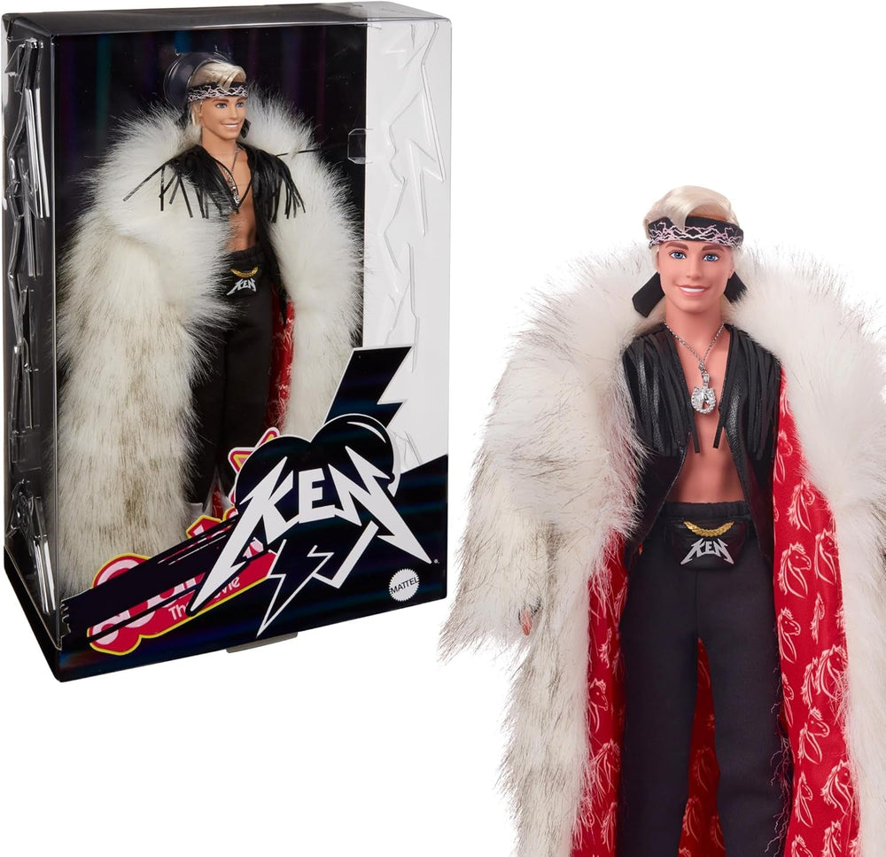Barbie il film, bambola Ken da collezione con soprabito in pelliccia sintetica e gilet con frange nere e bandana, HRF31 Naty Shop Dolls Toy_Figure